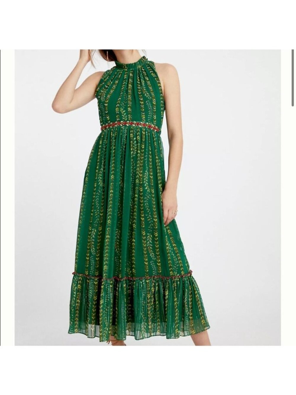 Anthropologie By Ajit Kumar Midori Embroidered Green Maxi Dress Sleeveless